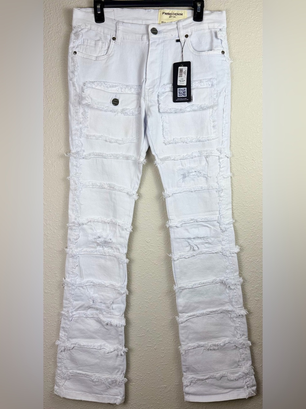 FWRD Denim Stacked Jeans 32x36 White Frayed Stretch Urban Streetwear Jeans NWT